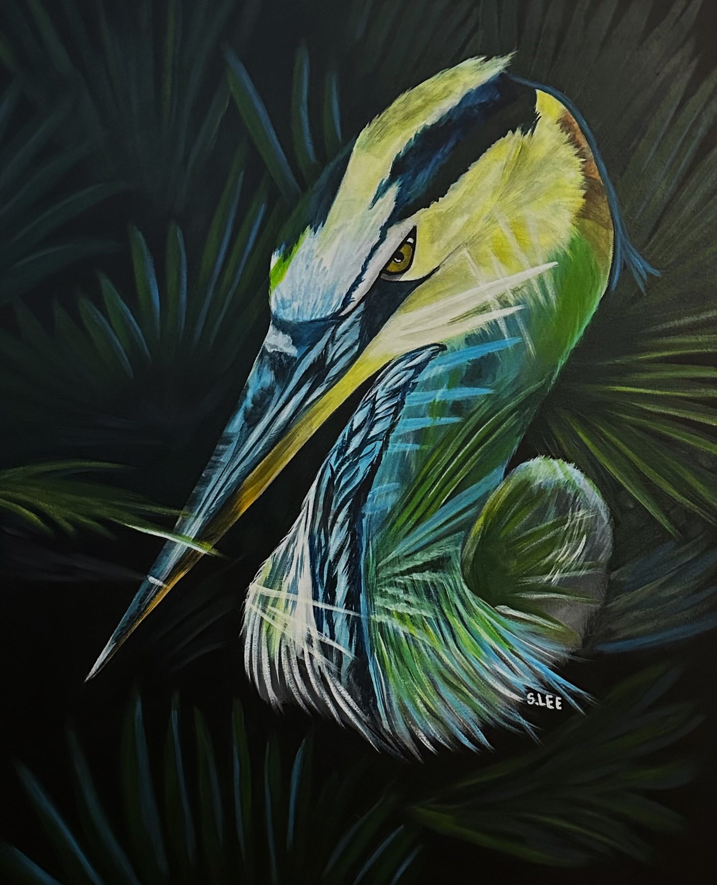 "Mad Heron" original acrylic painting on canvas by Sheryl Lee