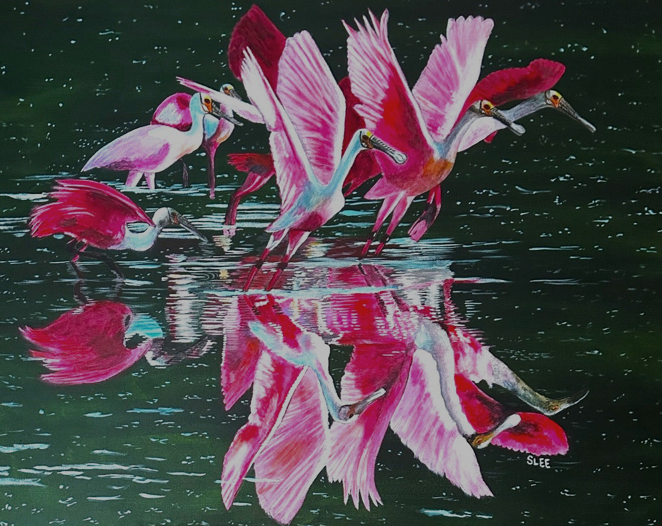 Roseate Spoonbills original acrylic painting on canvas by Sheryl Lee