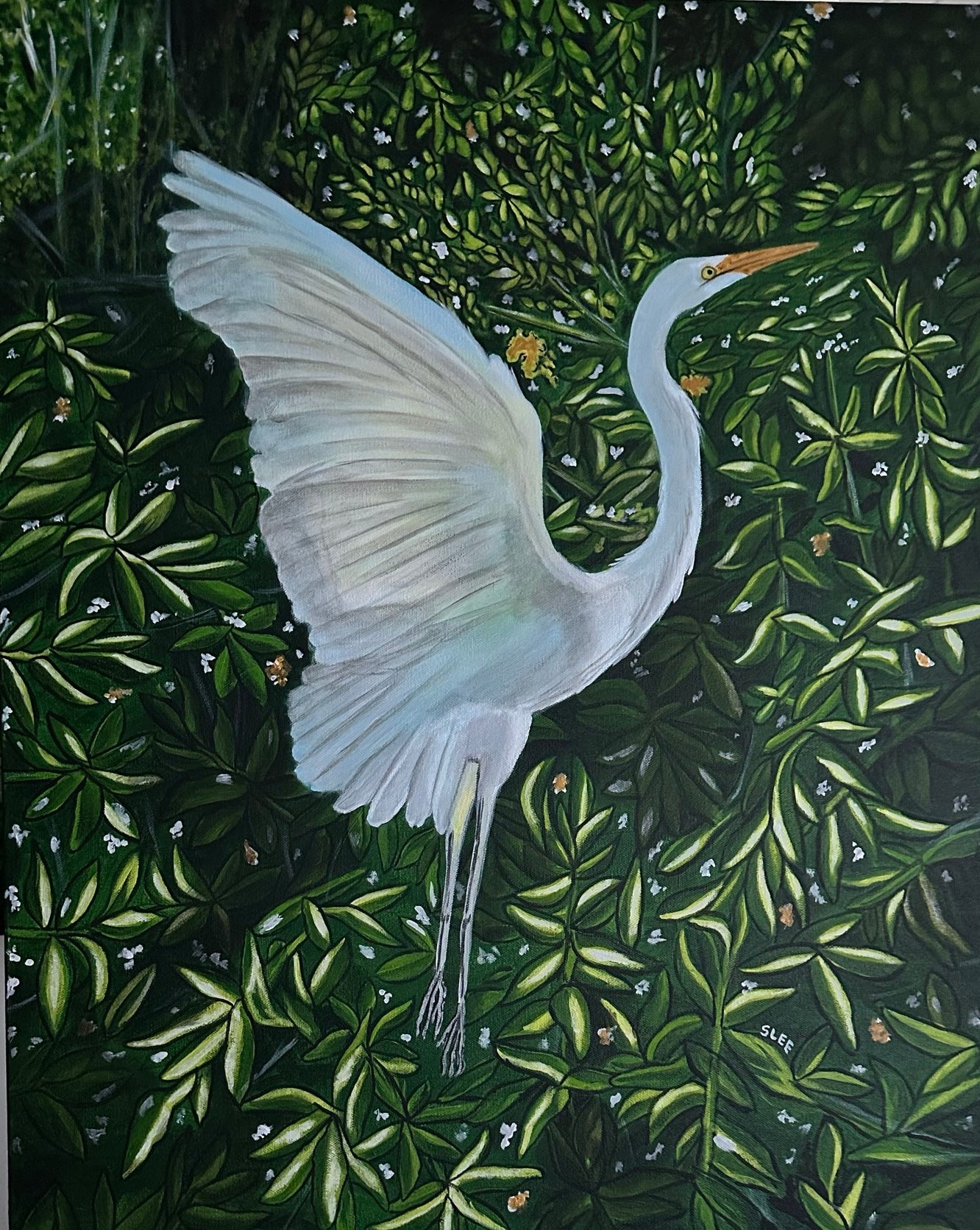 Great Snowy White Egret original acrylic painting on canvas by Sheryl Lee