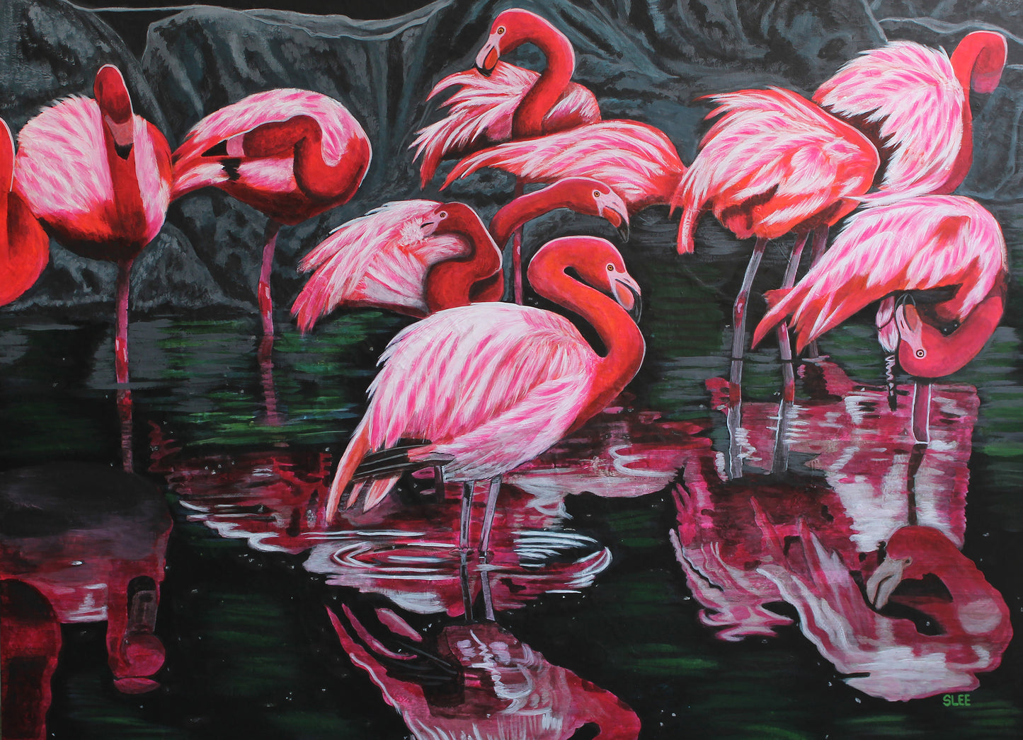 Flamboyance of Flamingos, original acrylic painting on canvas by Sheryl Lee