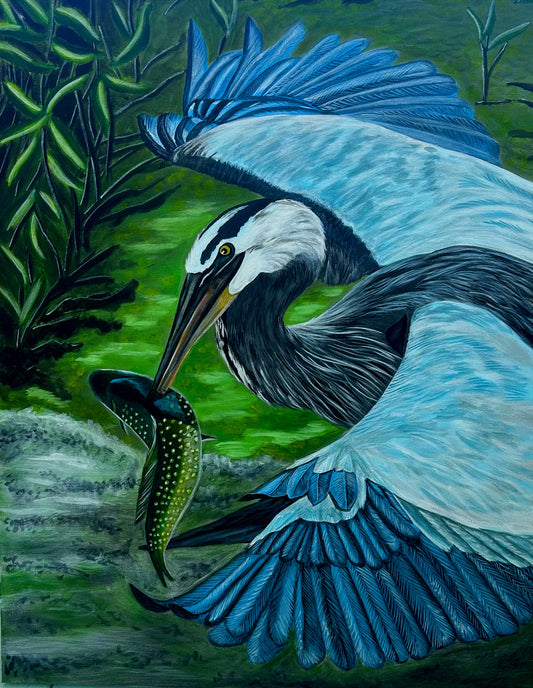 The Catch, Great Blue Heron original acrylic painting on canvas by Sheryl Lee
