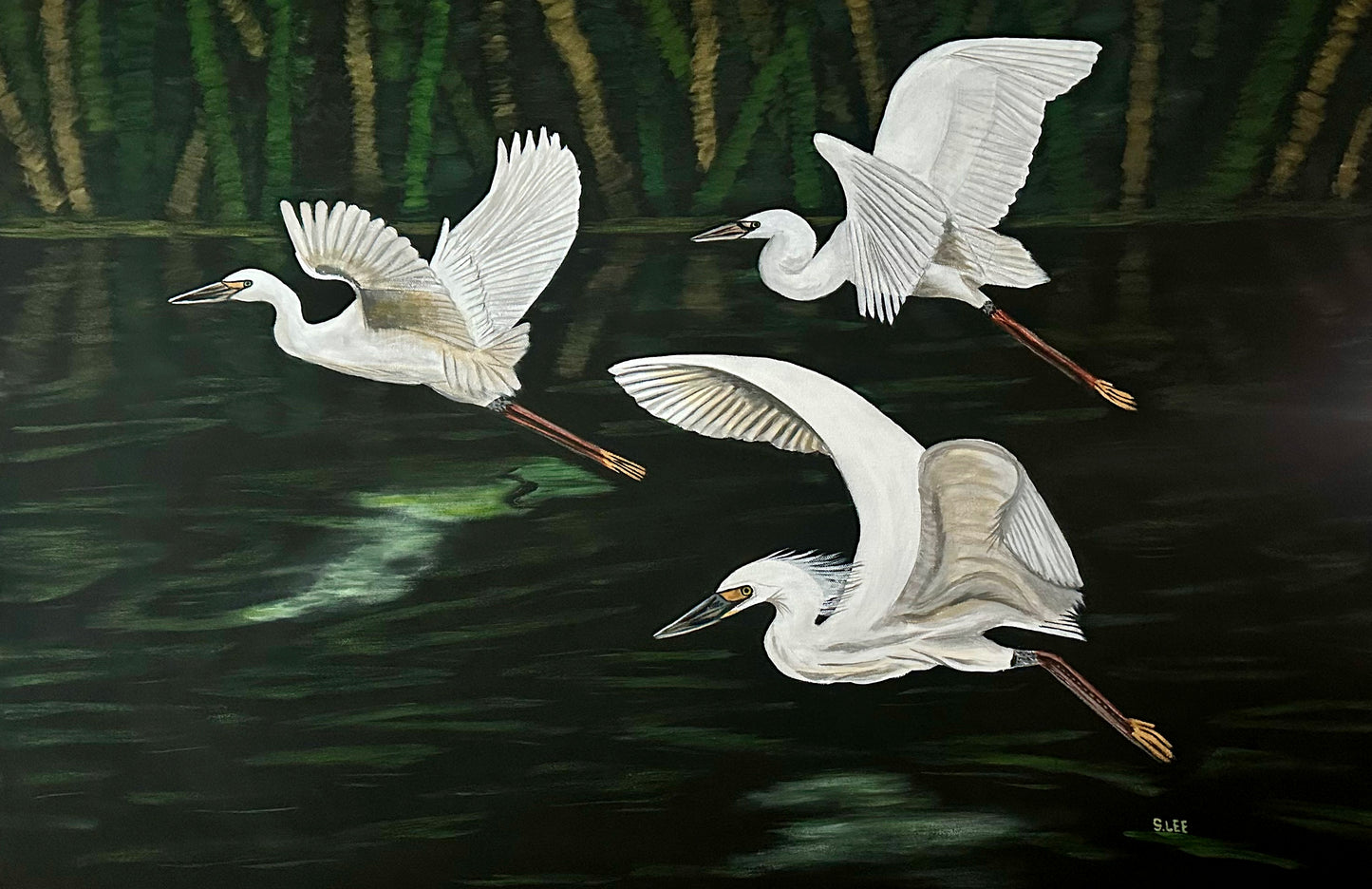Flying White Egrets original acrylic painting on canvas by Sheryl Lee