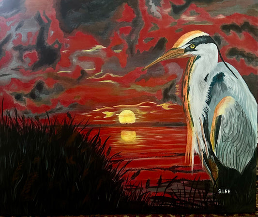 Great Blue Heron Sunset original acrylic painting on canvas by Sheryl Lee
