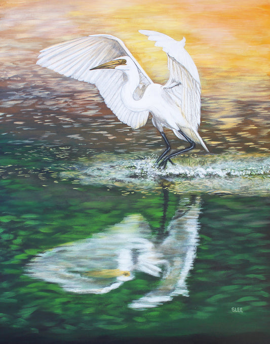 "Landing" Great Snowy White Egret original painting on canvas by Sheryl Lee