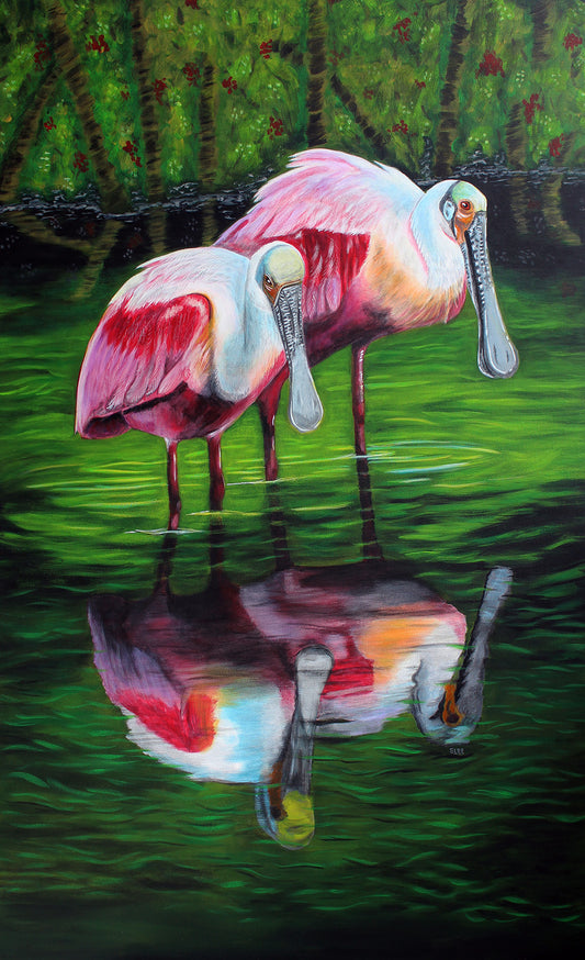 Roseate Spoonbills original acrylic painting on canvas by Sheryl Lee, birds