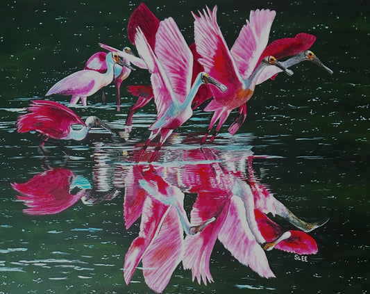 Roseate Spoonbills original acrylic painting on canvas by Sheryl Lee