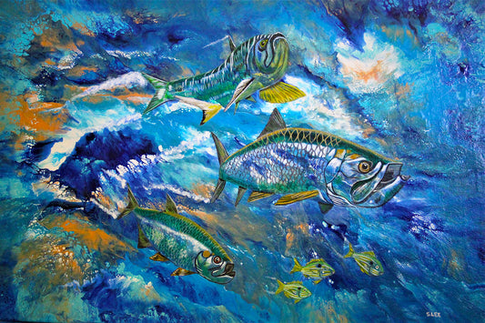 Tarpon Trio, original acrylic painting on canvas and framed by Sheryl Lee