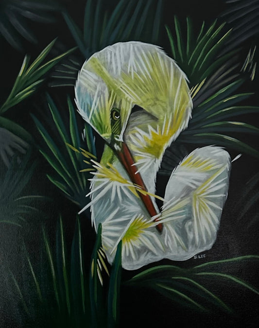 White Snowy Egret original acrylic painting on canvas by Sheryl Lee