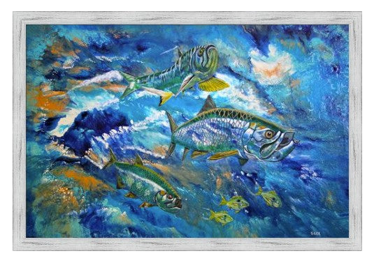 Tarpon Trio, original acrylic painting on canvas and framed by Sheryl Lee