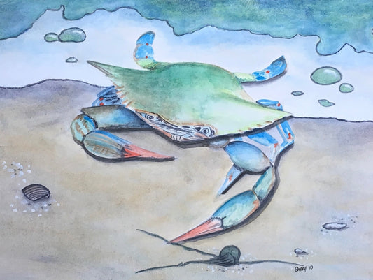 Blue Crab on Beach, Watercolor